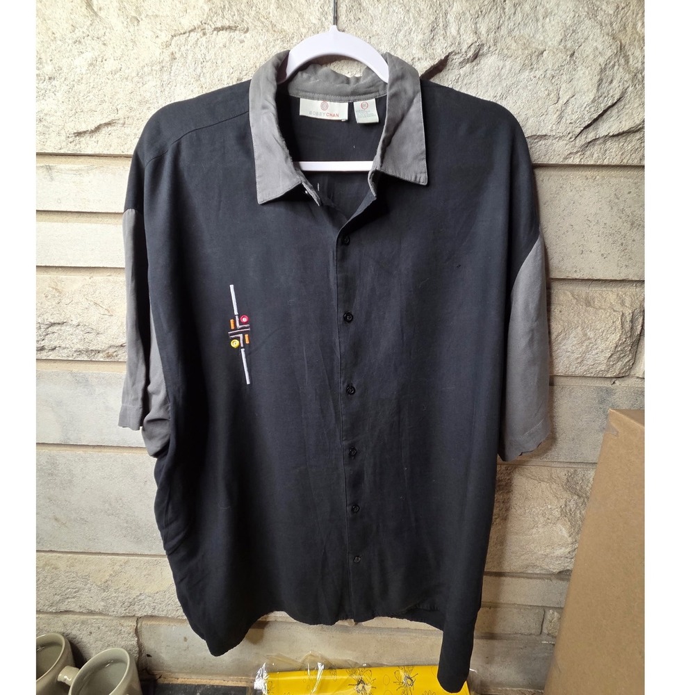 Bobby‎ Chan Mens XXL Silk Bamboo Billiards Graphic Button Down Shirt Black Grey